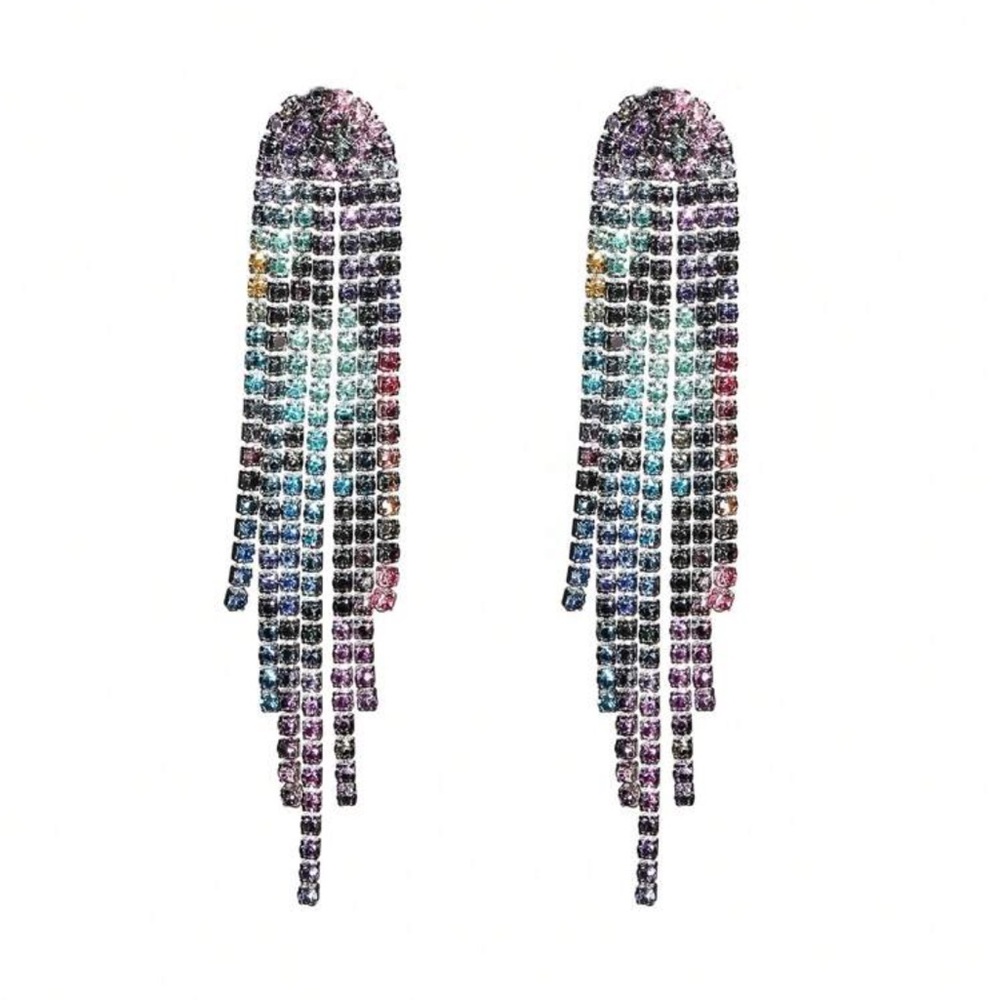 Multi-Color Rhinestone Tassel Earrings - Picture 3 of 4
